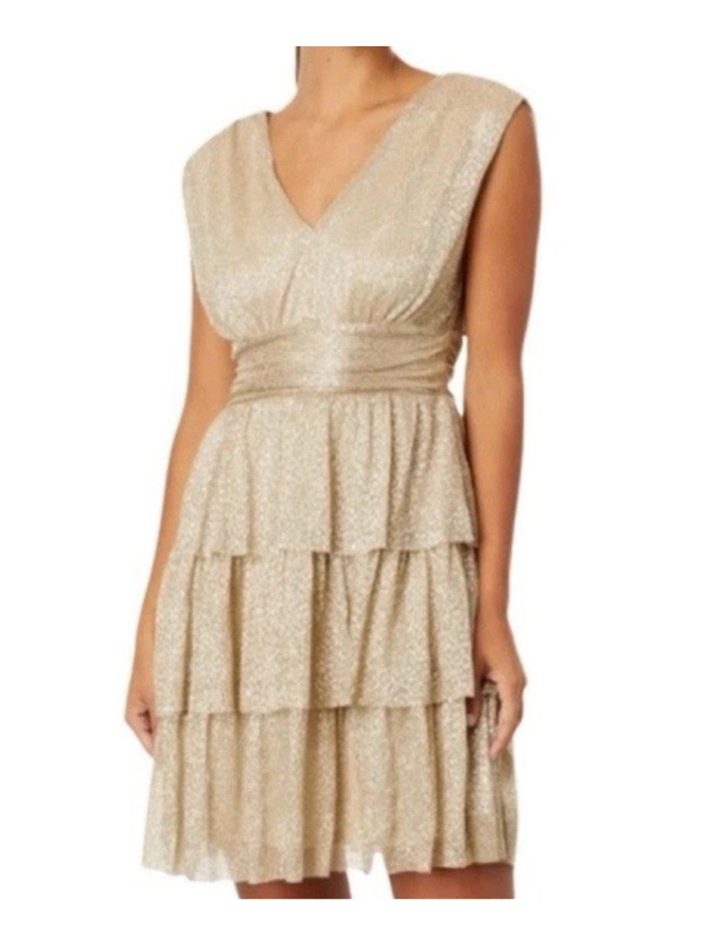 Lilly Pulitzer Faye Ruffled Mini Dress L Gold Metallic Knit Crinkle Cocktail